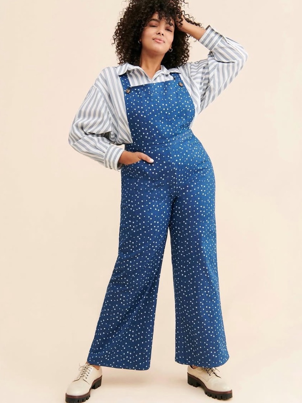 Anthropologie star Dot Blue Wide-Leg Denim Overalls